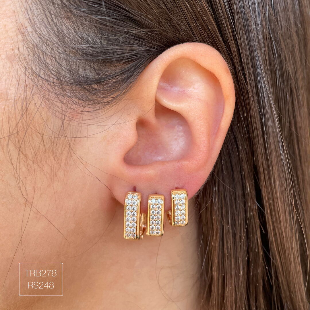 Trio de Argola Quadrada c/ 2 Carreiras Luxo Cravejada Cristal Dourado